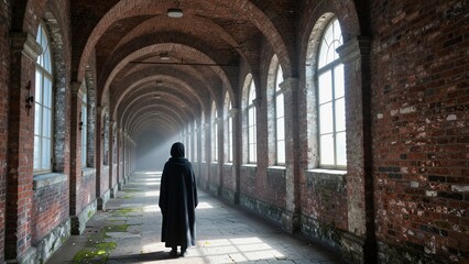 A person in a hooded cloak walks through an old, arched brick corridor with sunlight streaming through windows.