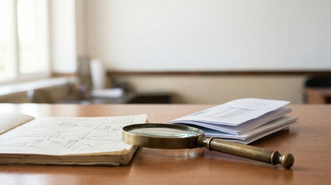Magnifying glass over open notebook with charts and stack of papers on wooden desk
