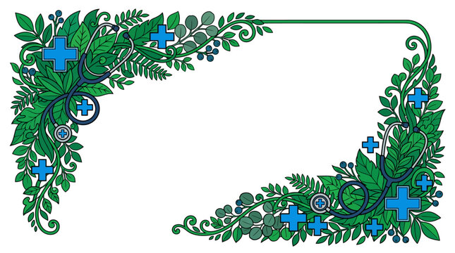 A decorative frame with green leaves, branches, blue medical crosses, and stethoscope elements, on a white background.