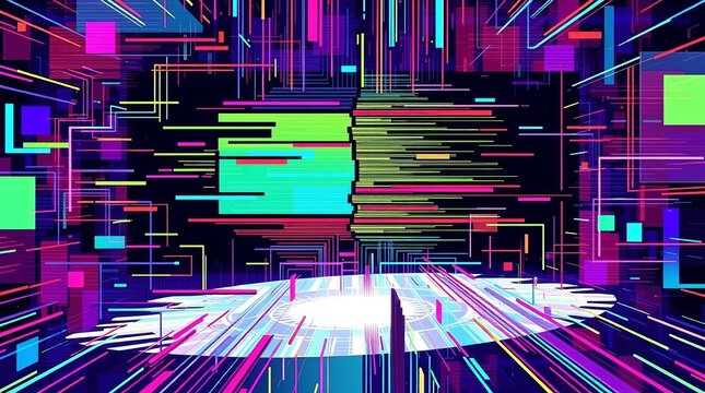 Vibrant digital glitch art with colorful neon lines and geometric shapes in a futuristic cyberpunk environment with a dark background