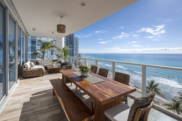 Fototapeta premium Balcony with wooden dining table and wicker chairs overlooking ocean and beach with palm trees under clear blue sky on sunny day, creating relaxing vacation atmosphere