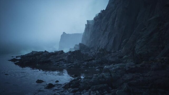 rocky tidepool with looming cliffs, slick algae covered stones and shallow pools, distant headland lost in mist, wet pebbles and barnacles, tense atmospheric