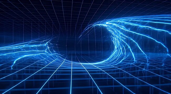 Glowing blue grid lines form an abstract digital landscape with undulating energy waves