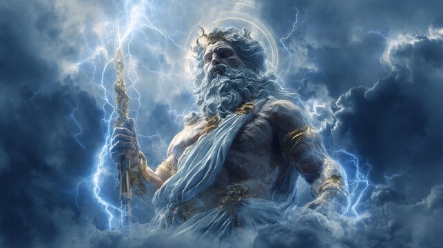 Zeus, king of the Greek gods prepares to hurl lightning bolts from the sky during a storm in ancient Greece