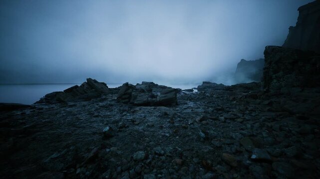 stormy misty shore at dusk, coastal ranger watches approaching weather over jagged rocks and pebbled beach, cinematic blue gloom, surf and wind whipping spray,