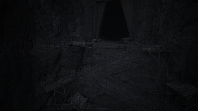 dark cavern entrance with broken bridge and rotting planks leading into black void, damp stone walls, moss and tangled roots creating tense, eerie atmosphere
