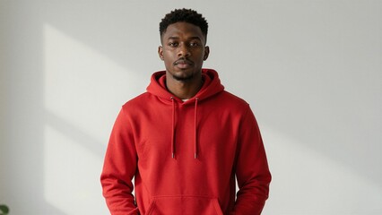 Obraz premium Confident young black man wearing a vibrant red hoodie, standing with hands in pockets against a soft focus white wall. A stylish representation of modern urban fashion and youthful confidence.