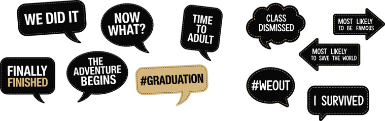 Set of graduation photo booth props with funny quotes and speech bubbles © Monjurul