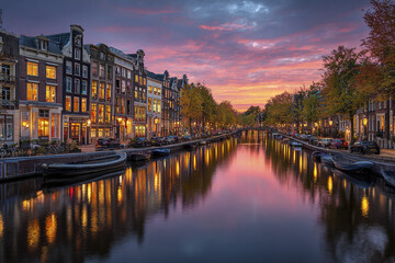 Fototapeta premium Amsterdam canal sunset reflection cityscape with historic buildings and boats along waterway, autumn trees lining streets, and vibrant colorful sky creating peaceful atmosphere