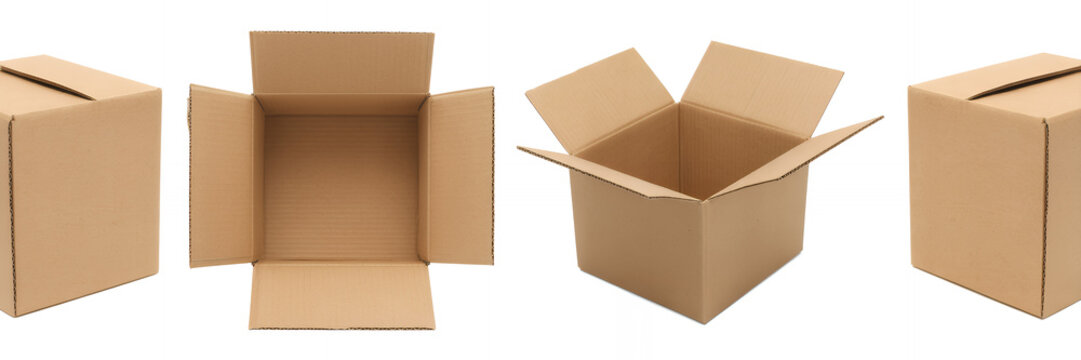 Brown cardboard boxes in various states open and closed side view