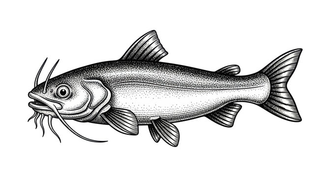 Detailed Illustration of a Catfish with Whiskers on White Background