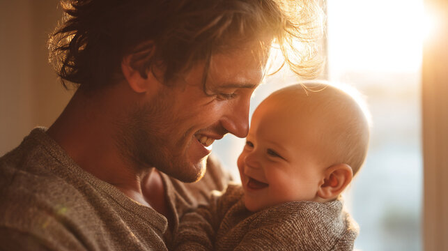 Tender moment father holding baby smiling face to face
