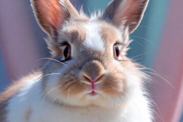 Obraz premium A cute, fluffy rabbit with a close-up portrait. It’s looking directly at the camera. A blurred pink and blue background suggests a studio setting.