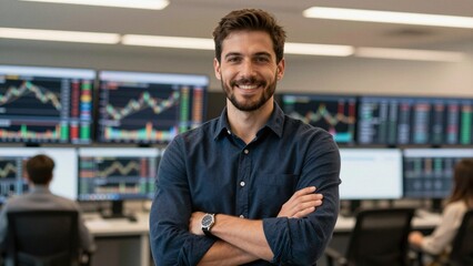 Obraz premium A happy male financial analyst smiles confidently with his arms crossed in a modern trading room filled with monitors displaying stock market data.