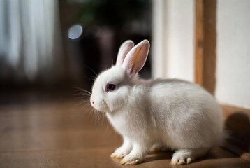 Obraz premium A white rabbit is standing on a wooden floor.