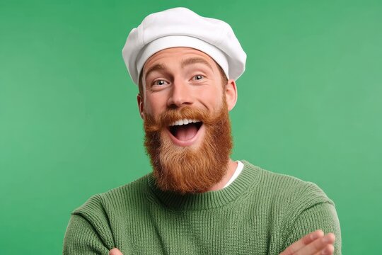Cheerful leprechaun-style man with ginger beard and white hat smiling against green background