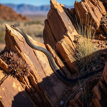 Snake on rocky desert landscape formation.