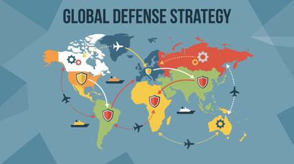 Naklejka premium Global Defense Strategy Map Illustrating International Military Alliances and Security.