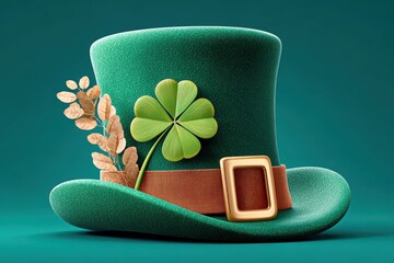 Fototapeta premium Green leprechaun hat with four-leaf clover and gold buckle for St. Patrick's Day celebration