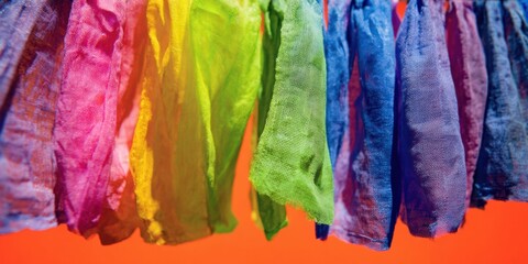 Naklejka premium Colorful fabric banners hanging in rows on a vibrant orange background for festive celebration event promotion and cultural holiday background with copy space