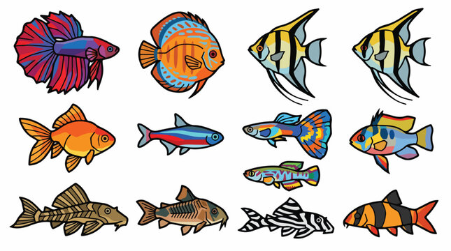 Collection of diverse freshwater aquarium fish species, illustrated in a vibrant, cartoonish style.