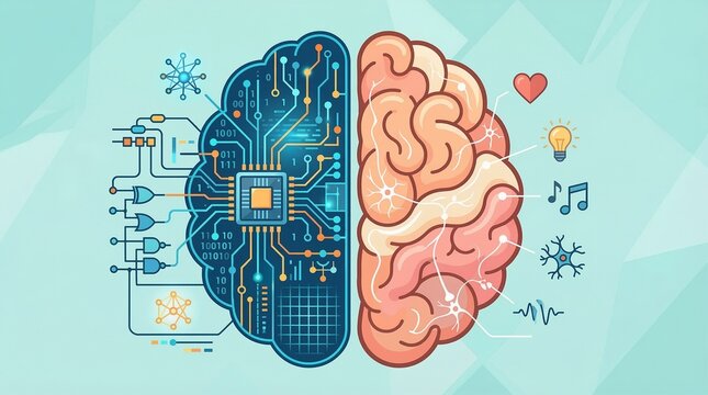 Artificial Intelligence and Human Creativity Concept: Left Brain Circuitry vs Right Brain Organic Art