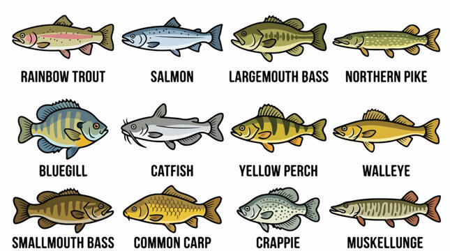 Collection of Twelve Different Freshwater and Saltwater Fish Species Illustrated.