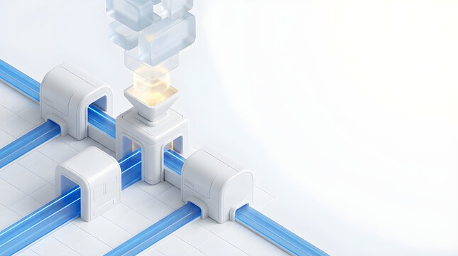 3D isometric render of an automated equipment service station with predictive maintenance analytics and copy space