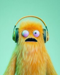 Fototapeta premium Cute Furry Orange Monster Wearing Headphones with Shocked Expression for Music App Icon Mascot on Mint Green Background with Copy Space