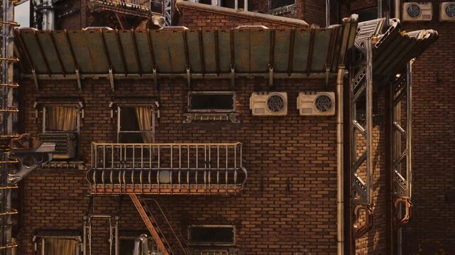 Closeup of brick wall with HVAC vents and piping, sharp textures, warm golden light, service ladders and metal brackets visible for technical and architectural