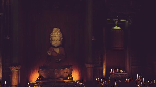 Seated buddha statue surrounded by candles and votive glow, contemplative altar scene with ember light, carved backdrop and incense haze, devotional atmosphere