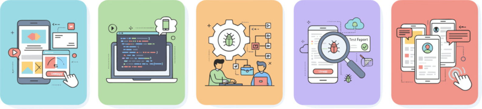 Digital Development Workflow Icons Set Featuring Mobile App UI Design Coding Debugging and Document Review