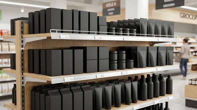 A realistic retail shelf mockup with placeholder packaging, ideal for showcasing product branding and merchandising concepts in a clean store environment.