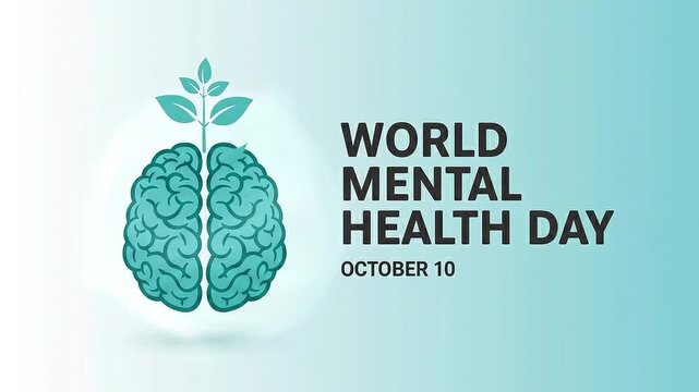 World mental health day awareness image with brain and leaves