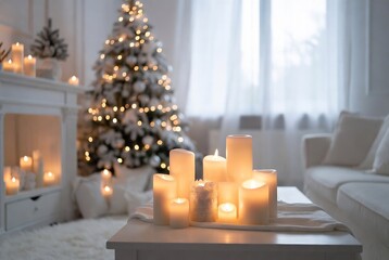 Naklejka premium A cozy, festive interior scene with candles and a Christmas tree. It’s a warm, inviting space for the holidays.