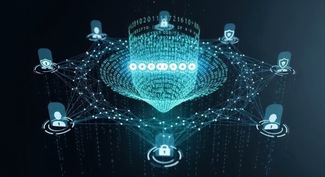 A decentralized digital network with user icons and data streams illustrates secure blockchain technology for various applications.