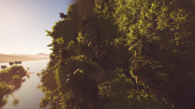 Golden canopy and river with partially revealed wooden lookout, warm lateafternoon light highlights textured leaves and hidden architecture, mood of discovery