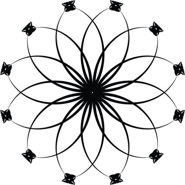 Intricate black stylized floral mandala pattern with symmetrical petallike shapes and small wolf or fox head motifs along the outer edge isolated on a white background