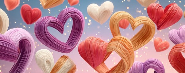 Fototapeta premium Purple and pastel fiber-like hearts forming romantic abstract background with glowing festive lights