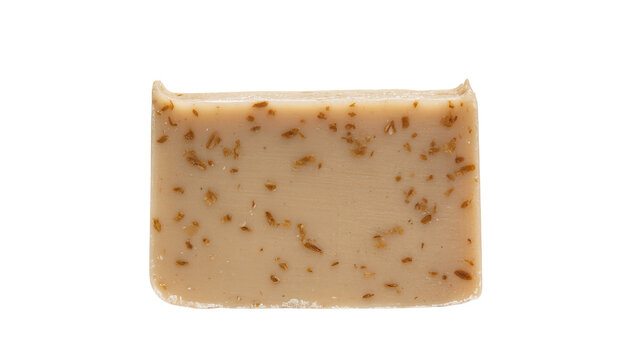 Natural handmade exfoliating soap bar with visible oat flakes, isolated on a transparent background, perfect for skincare and hygiene product design PNG