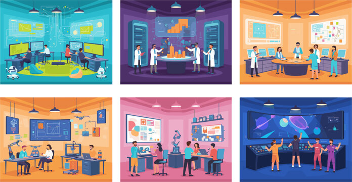 Pixel Art Science Lab With Diverse Scientists Collaborating On Projects And Analyzing Data On Screens