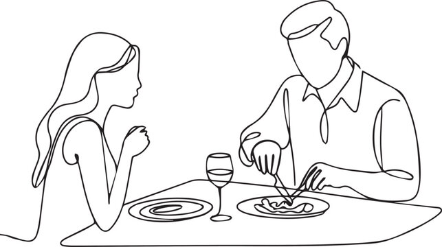Minimal Line Art Illustration of Couple Having Dinner Together &ndash; Simple Outline Character Design
