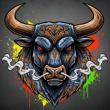 Stylized bull head illustration with smoke and colorful paint splatters