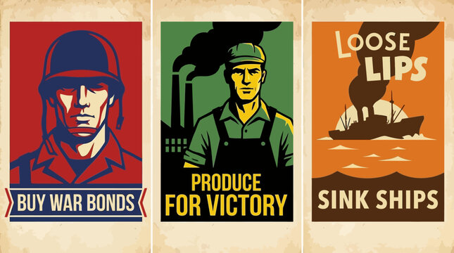 Three iconic World War II propaganda posters encouraging patriotism and wartime effort.