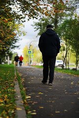 Obraz premium Man Walking on Leaf-Covered Path in Autumn Park with People in Distance
