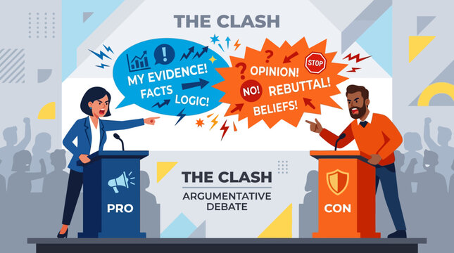 Two people debating on stage representing pro and con arguments.