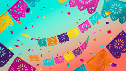Fototapeta premium Colorful papel picado banners with confetti for Cinco de Mayo celebration 