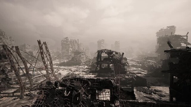 Foggy vehicle graveyard under ruined skyline, abandoned chassis and twisted metal littering muddy plain, distant collapsed towers rising through haze, low sun