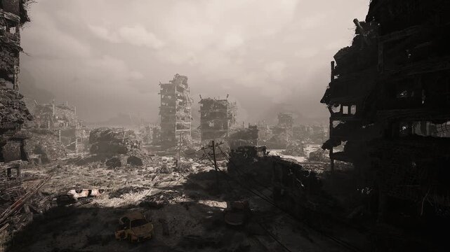 overgrown boulevard cutting through ruined blocks, cracked asphalt dotted with weeds and collapsed lampposts, mist drifting around distant towers, atmosphere