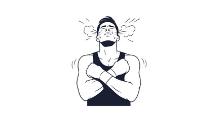 Obraz premium Black and white illustration of a muscular man with his arms crossed and a confident expression on a plain white background.